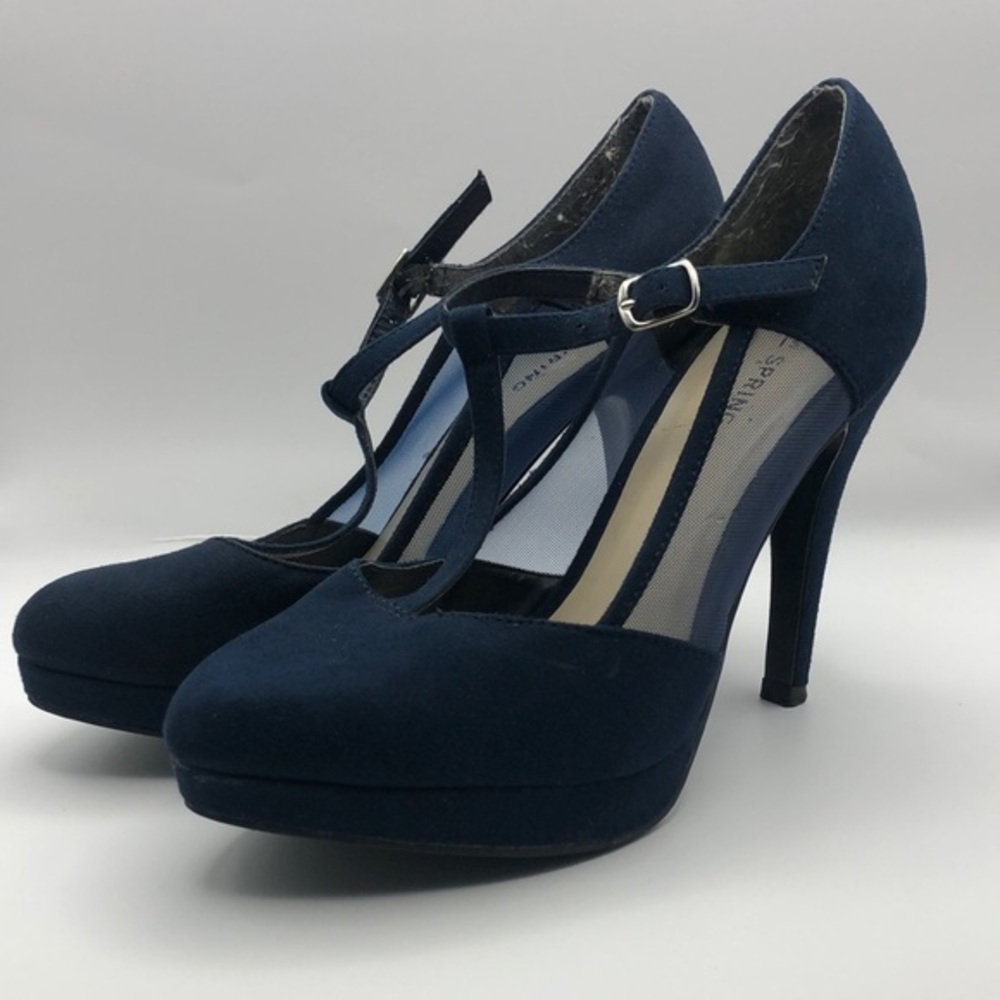 Call it Spring || Blue Faux Suede T-strap Mesh Round‎ Toe Heels
